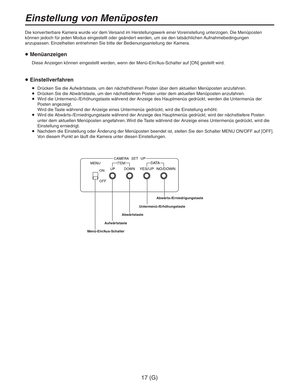 Einstellung von menüposten, 17 (g) | Panasonic AW-RC600 User Manual | Page 38 / 124