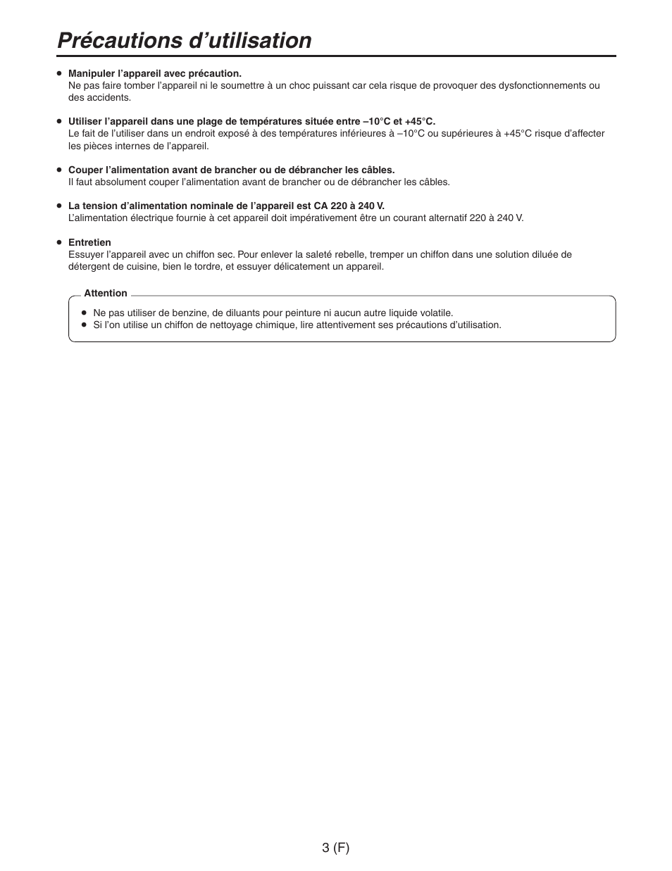 Précautions d’utilisation | Panasonic AW-RC600 User Manual | Page 44 / 124