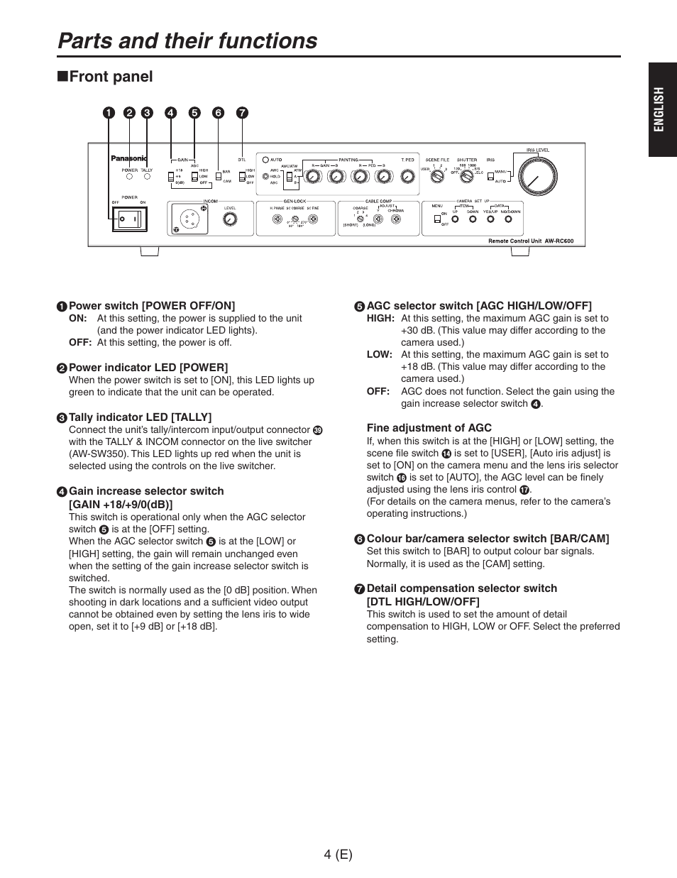 Parts and their functions, Front panel | Panasonic AW-RC600 User Manual | Page 5 / 124