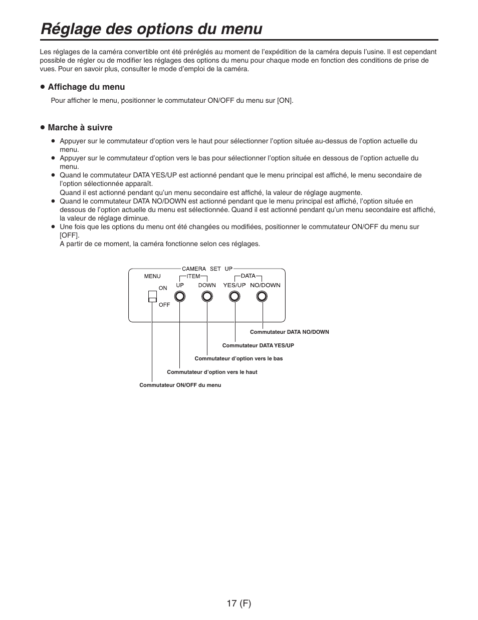 Réglage des options du menu, 17 (f) | Panasonic AW-RC600 User Manual | Page 58 / 124