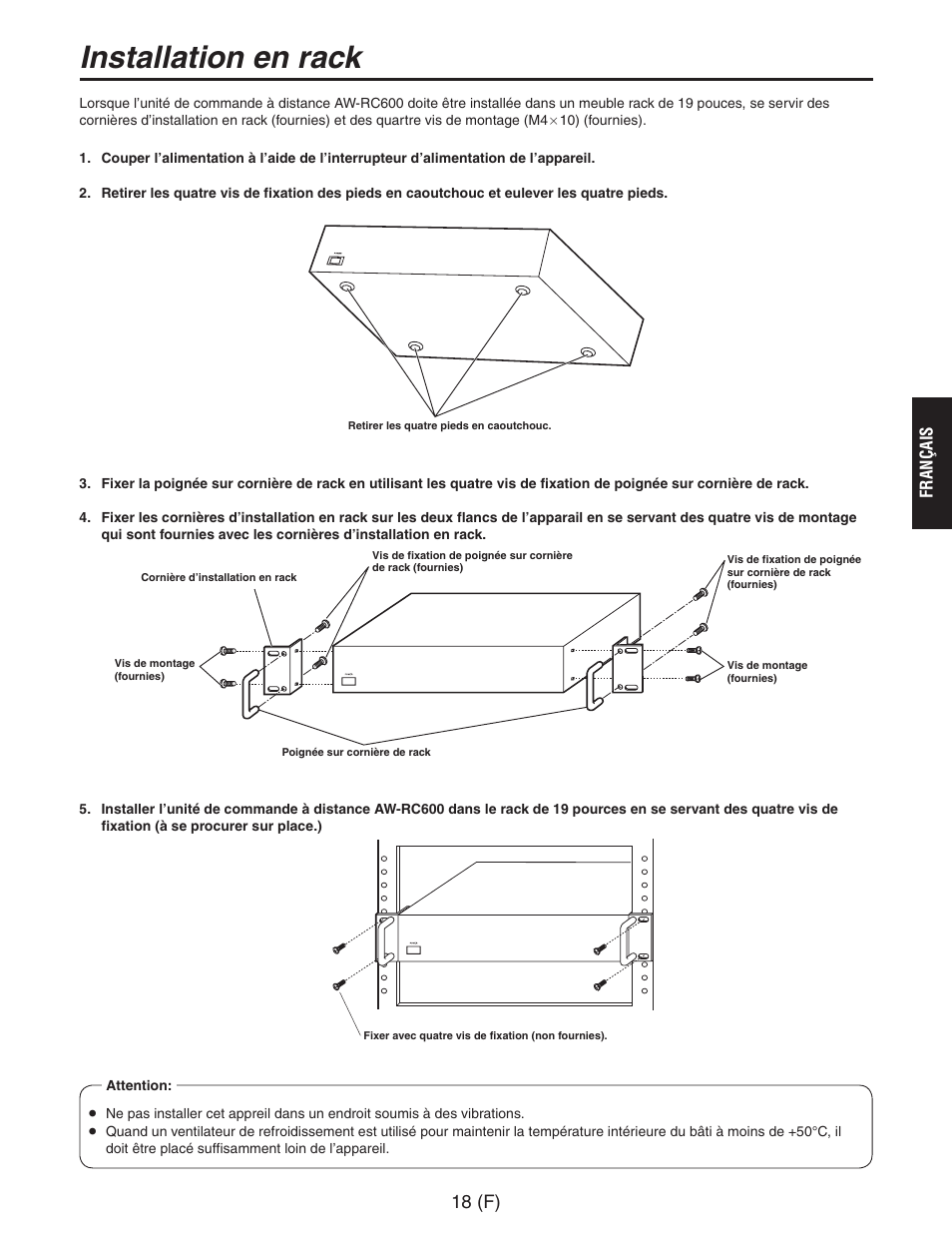 Installation en rack, 18 (f), Fran ça is | Panasonic AW-RC600 User Manual | Page 59 / 124