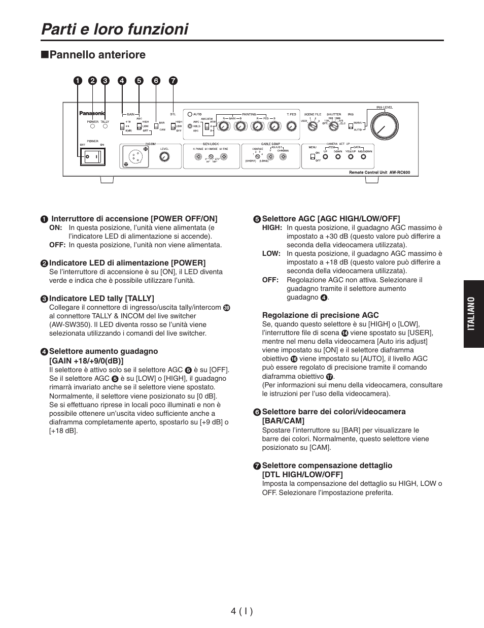 Parti e loro funzioni, Pannello anteriore | Panasonic AW-RC600 User Manual | Page 65 / 124