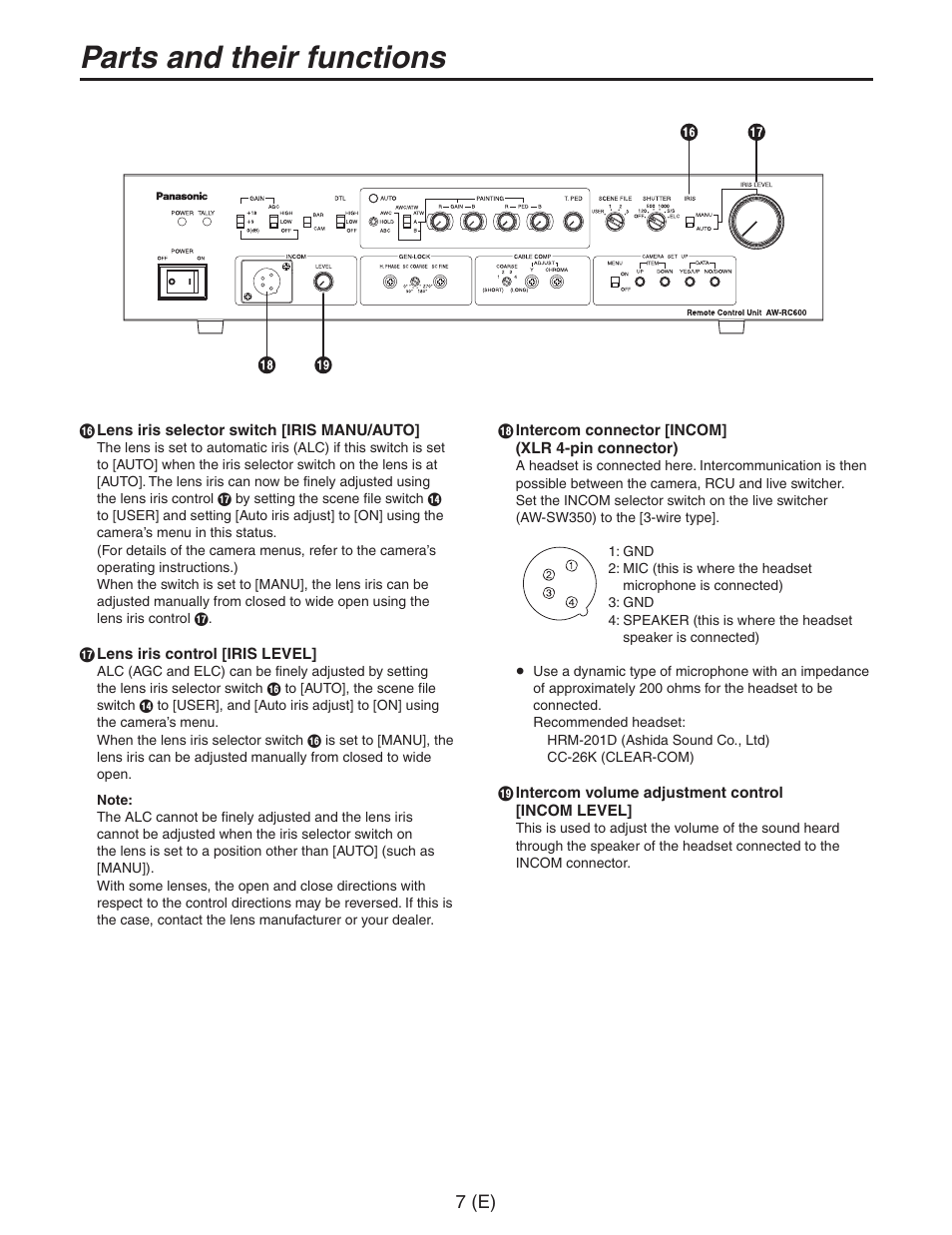 Parts and their functions | Panasonic AW-RC600 User Manual | Page 8 / 124