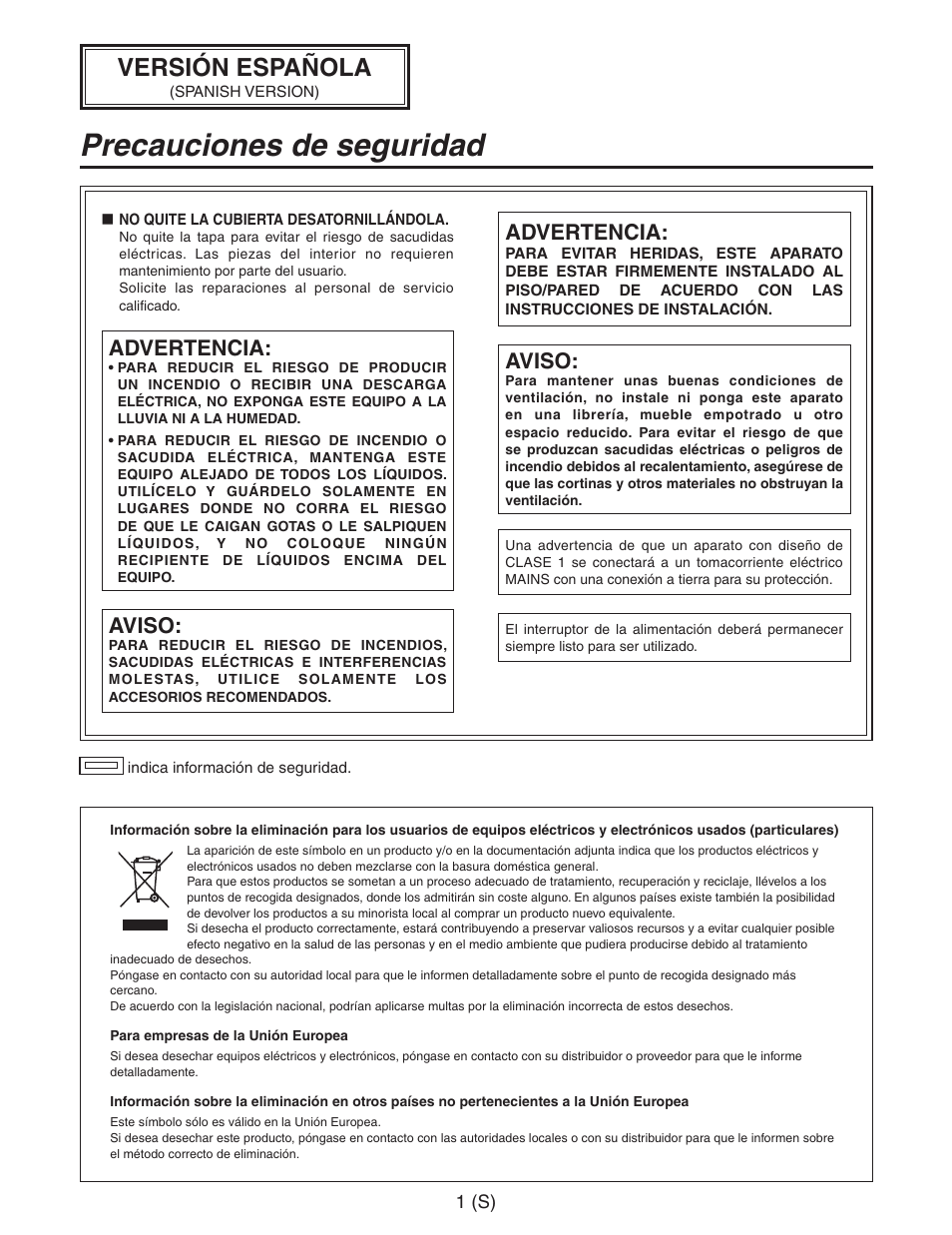 Spanish, Precauciones de seguridad, Versión española | Advertencia, Aviso | Panasonic AW-RC600 User Manual | Page 82 / 124