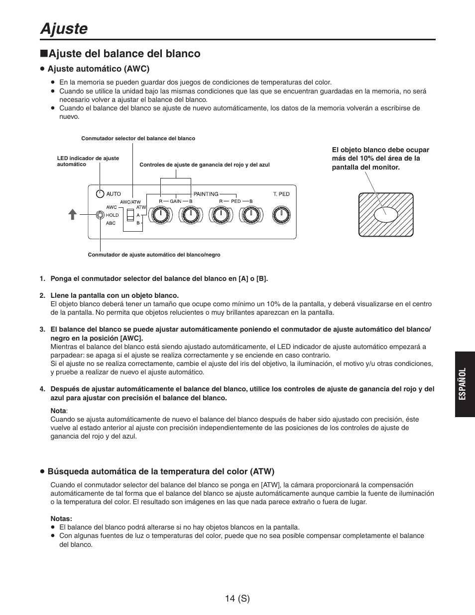 Ajuste, Ajuste del balance del blanco | Panasonic AW-RC600 User Manual | Page 95 / 124