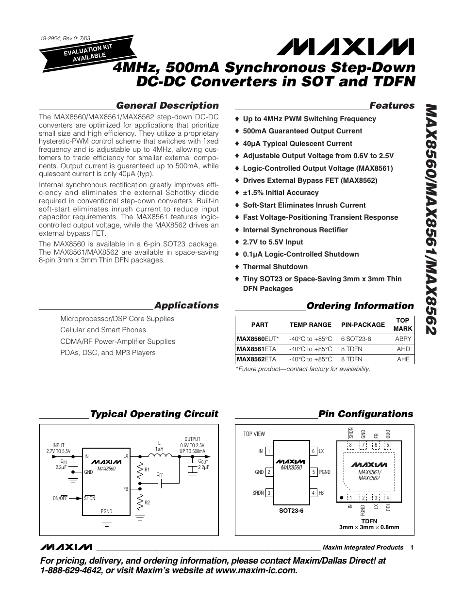Rainbow Electronics MAX8562 User Manual | 12 pages