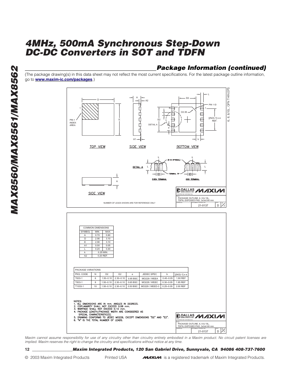 Package information (continued) | Rainbow Electronics MAX8562 User Manual | Page 12 / 12