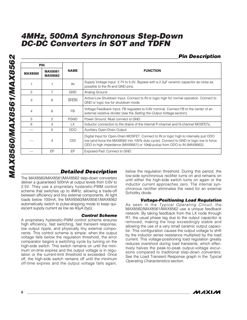Detailed description, Pin description | Rainbow Electronics MAX8562 User Manual | Page 6 / 12
