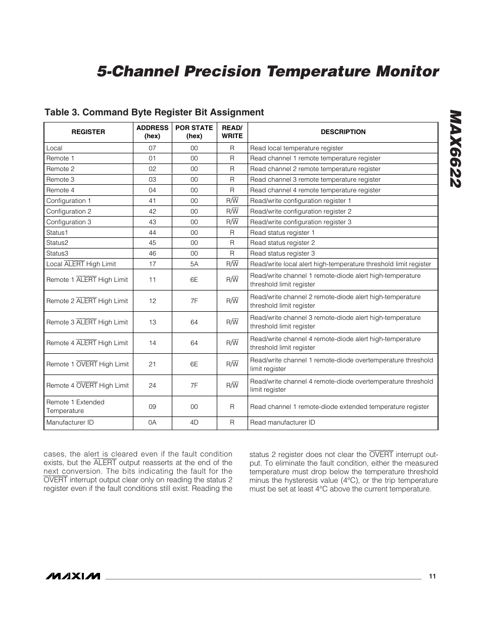 Table 3. command byte register bit assignment | Rainbow Electronics MAX6622 User Manual | Page 11 / 18