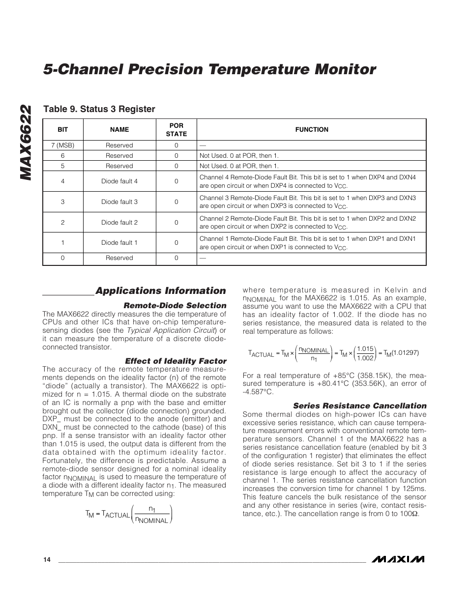 Applications information, Table 9. status 3 register | Rainbow Electronics MAX6622 User Manual | Page 14 / 18