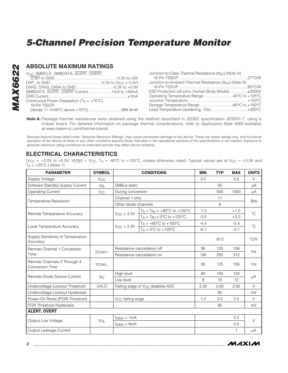 Absolute maximum ratings, Electrical characteristics | Rainbow Electronics MAX6622 User Manual | Page 2 / 18