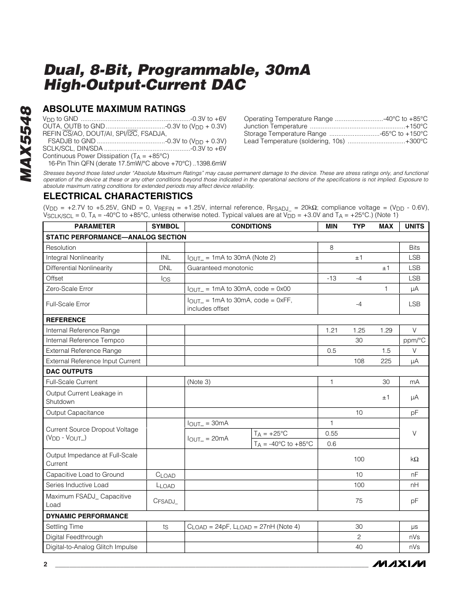 Absolute maximum ratings, Electrical characteristics | Rainbow Electronics MAX5548 User Manual | Page 2 / 15
