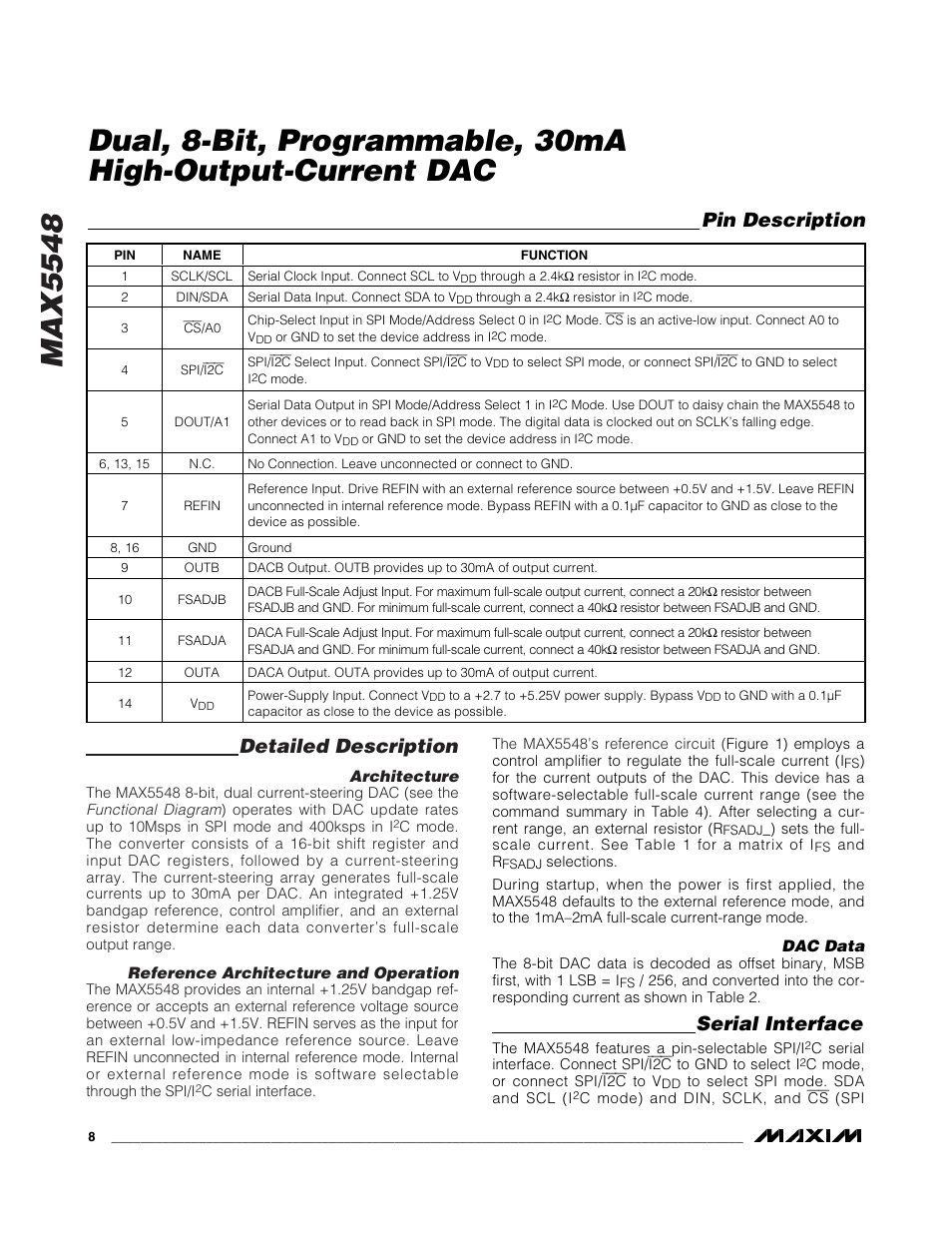 Max5548, Detailed description, Serial interface | Pin description | Rainbow Electronics MAX5548 User Manual | Page 8 / 15