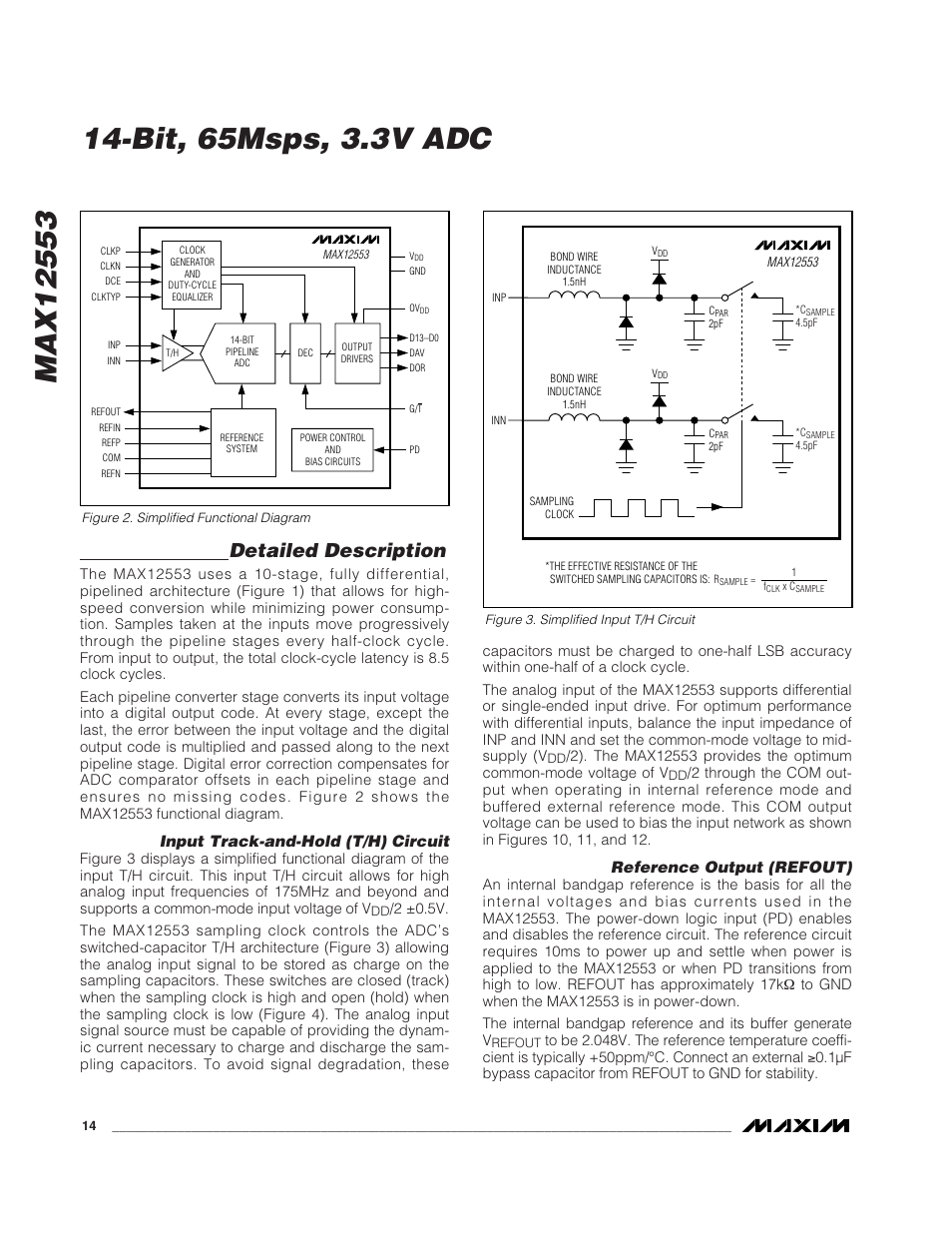 Bit, 65msps, 3.3v adc, Detailed description, Input track-and-hold (t/h) circuit | Reference output (refout) | Rainbow Electronics MAX12553 User Manual | Page 14 / 28