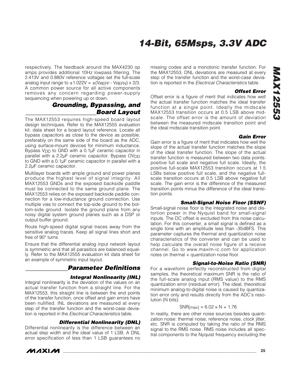 Grounding, bypassing, and board layout, Parameter definitions | Rainbow Electronics MAX12553 User Manual | Page 25 / 28