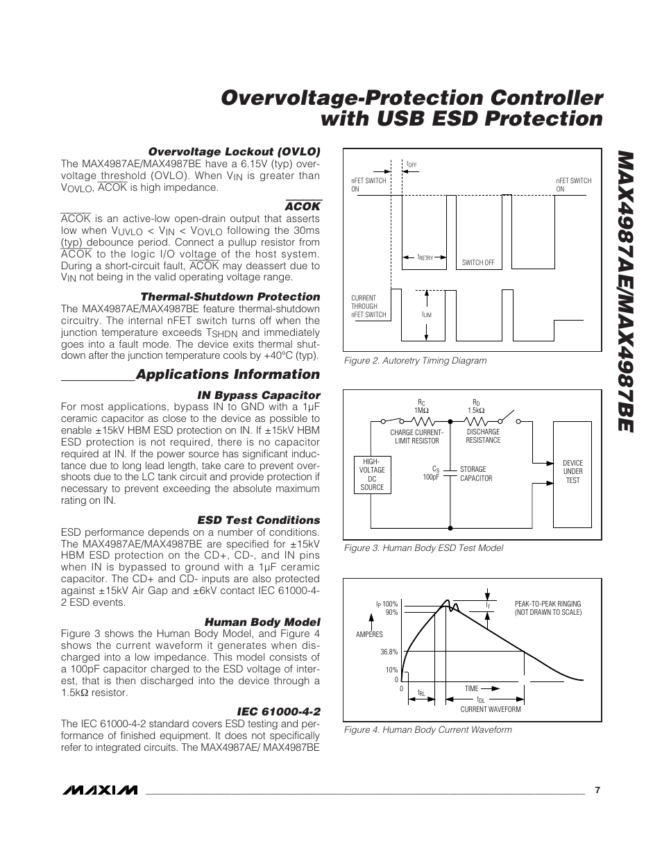 Applications information, Overvoltage lockout (ovlo), Acok | Thermal-shutdown protection, Esd test conditions, Human body model | Rainbow Electronics MAX4987BE User Manual | Page 7 / 10