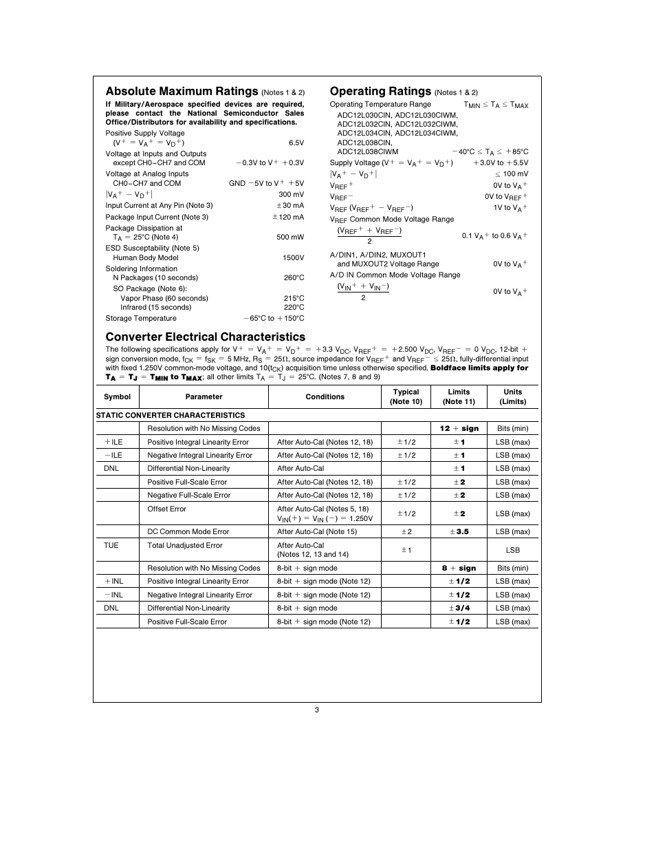 Absolute maximum ratings, Operating ratings, Converter electrical characteristics | Rainbow Electronics ADC12L038 User Manual | Page 3 / 40