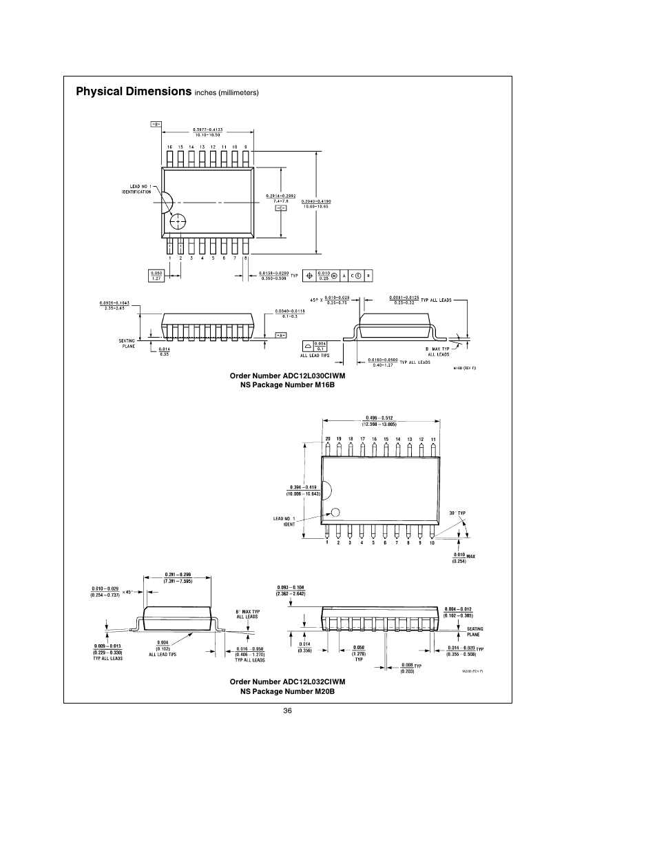 Physical dimensions | Rainbow Electronics ADC12L038 User Manual | Page 36 / 40