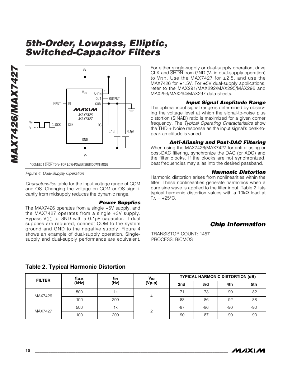 Chip information, Table 2. typical harmonic distortion | Rainbow Electronics MAX7427 User Manual | Page 10 / 12