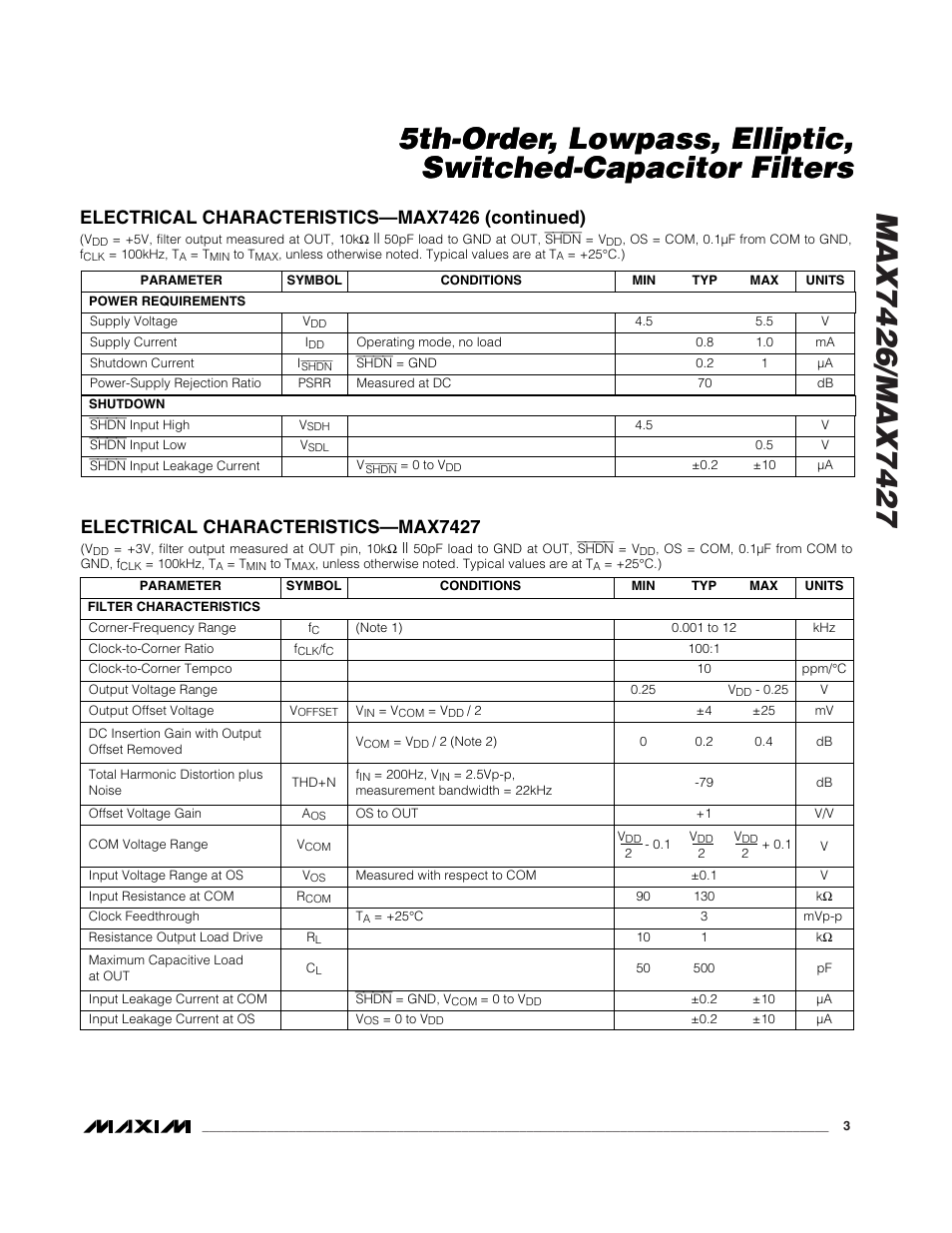 Electrical characteristics—max7426 (continued), Electrical characteristics—max7427 | Rainbow Electronics MAX7427 User Manual | Page 3 / 12