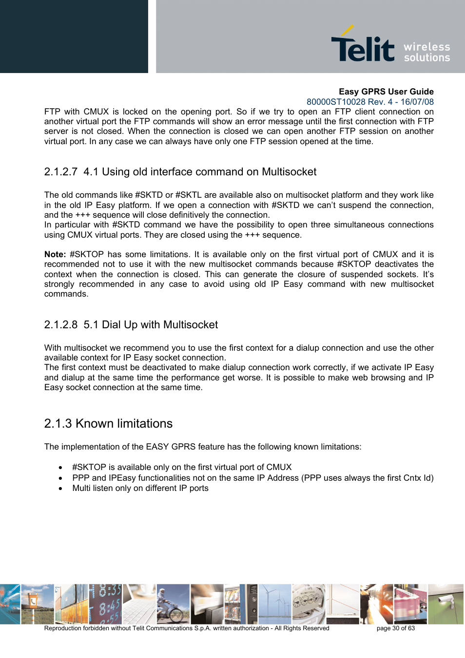 7 4.1 using old interface command on multisocket, 8 5.1 dial up with multisocket, 3 known limitations | Rainbow Electronics GM862-QUAD-PY User Manual | Page 30 / 63