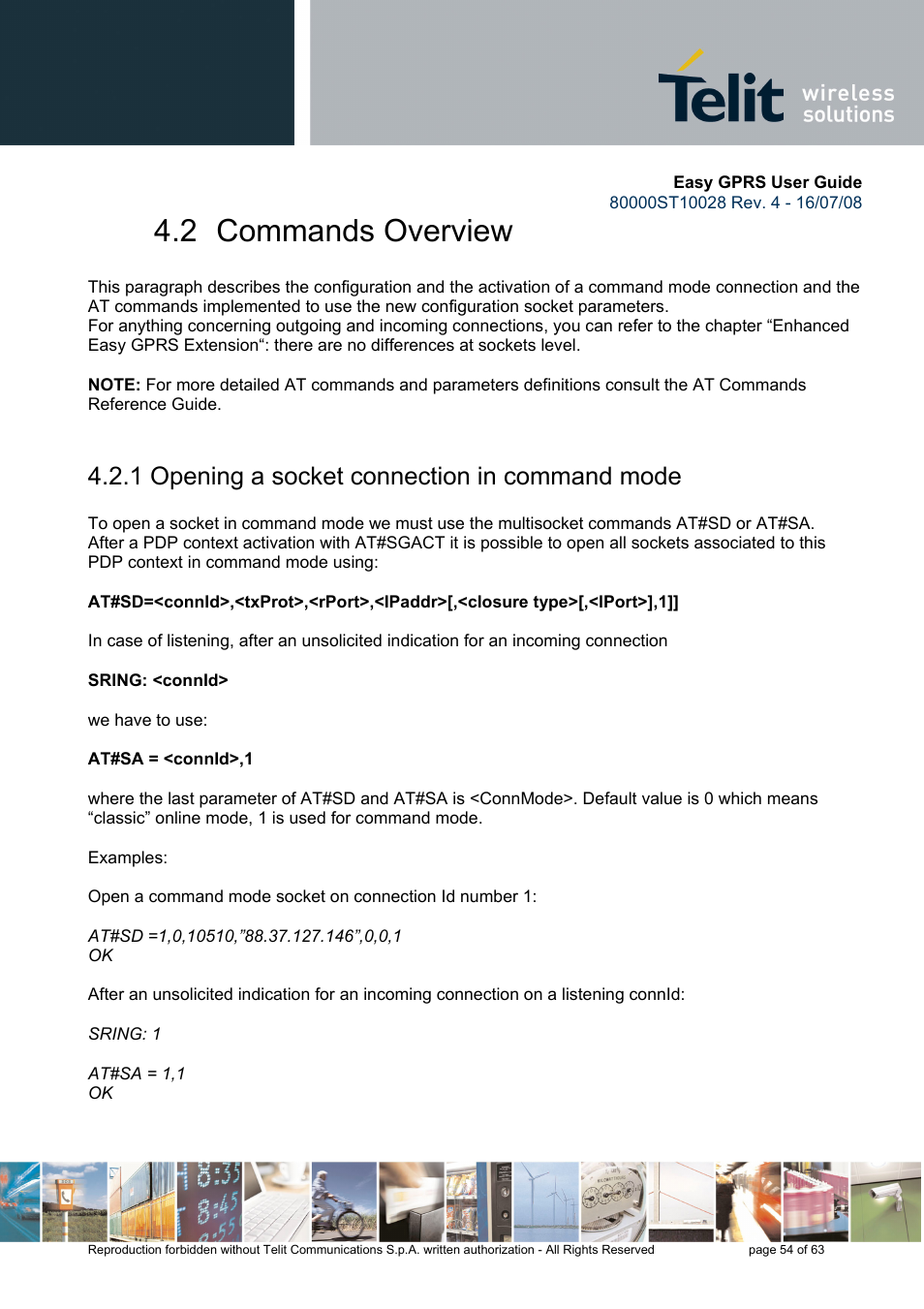 2 commands overview, 1 opening a socket connection in command mode | Rainbow Electronics GM862-QUAD-PY User Manual | Page 54 / 63