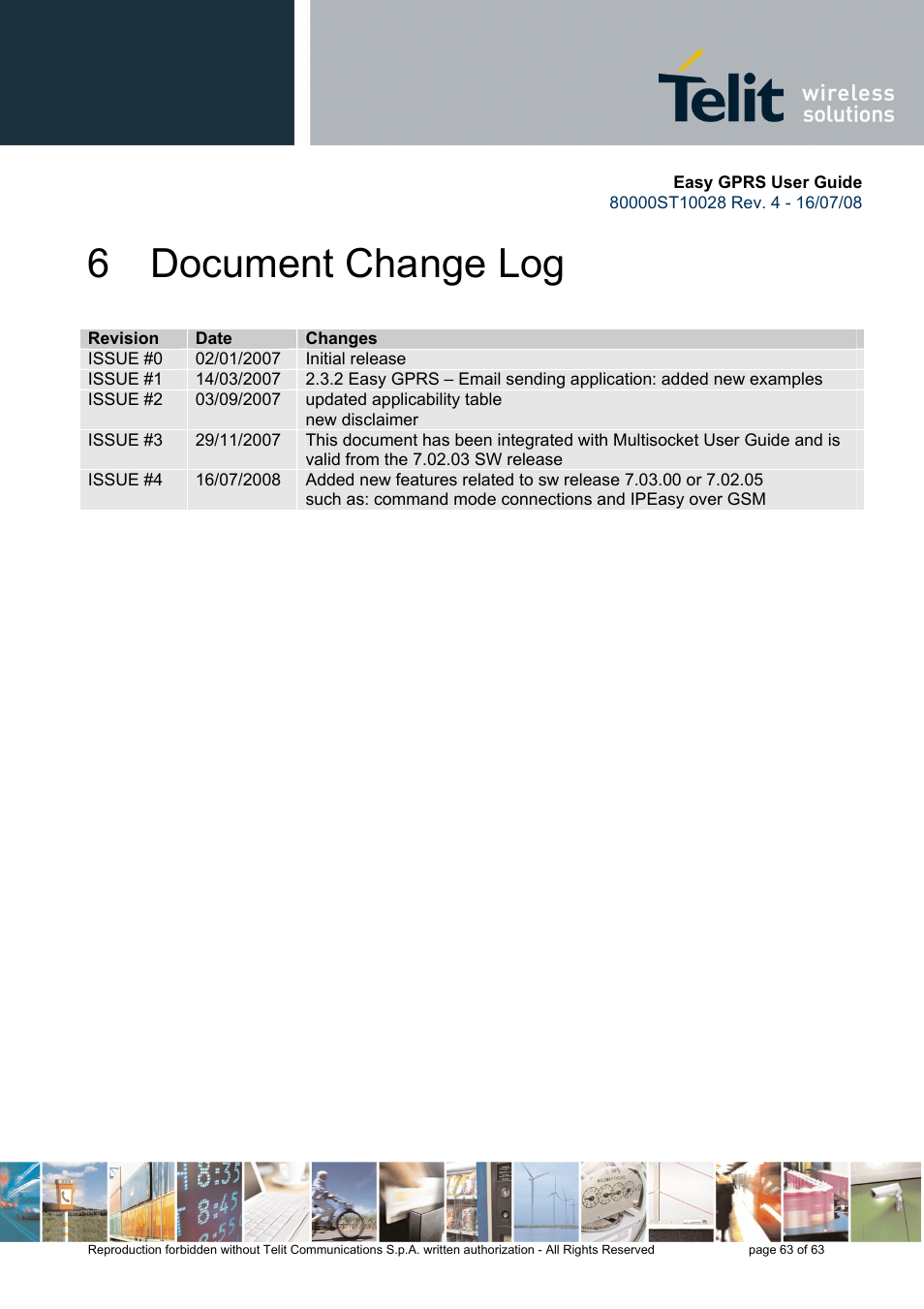 6 document change log | Rainbow Electronics GM862-QUAD-PY User Manual | Page 63 / 63