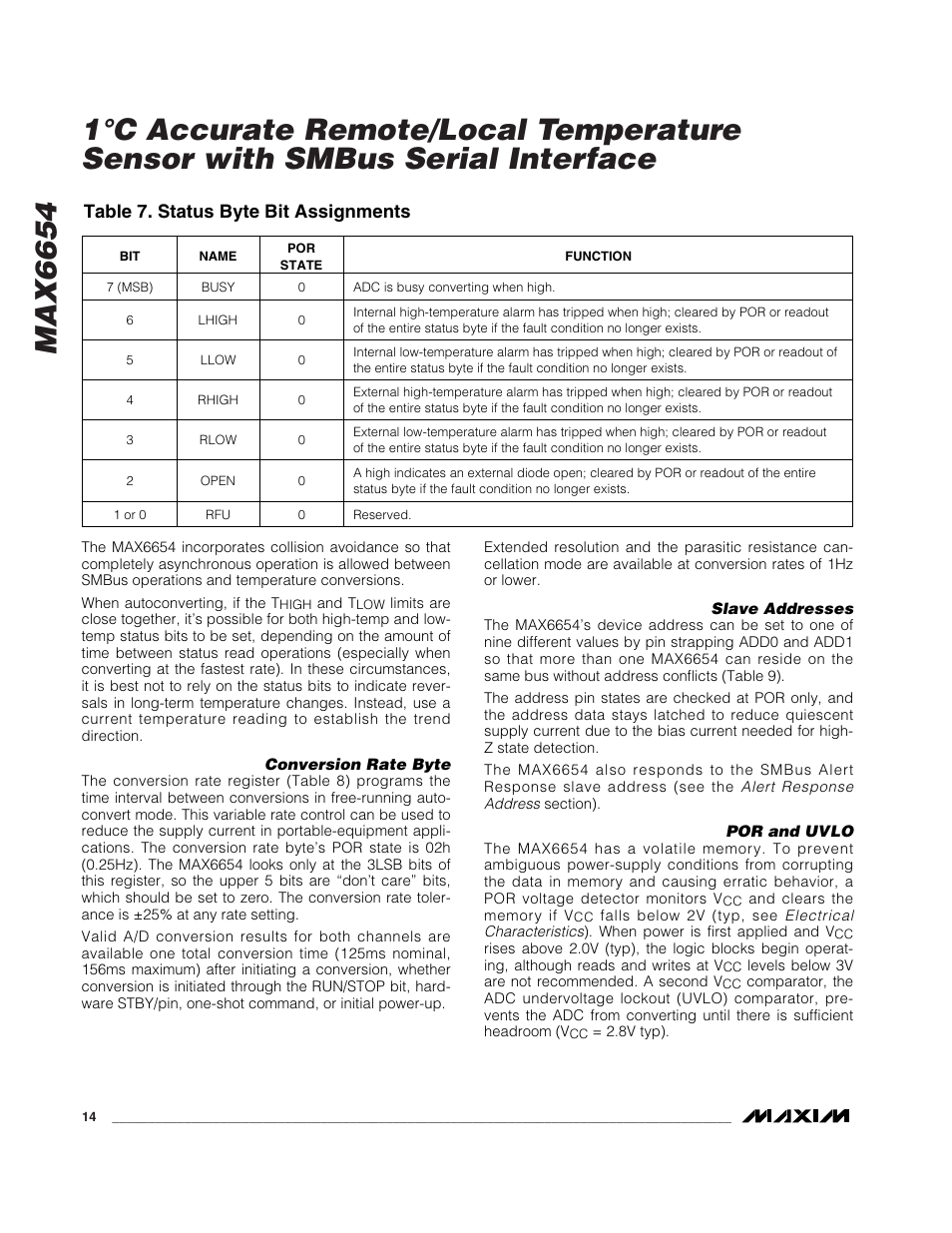 Table 7. status byte bit assignments | Rainbow Electronics MAX6654 User Manual | Page 14 / 16