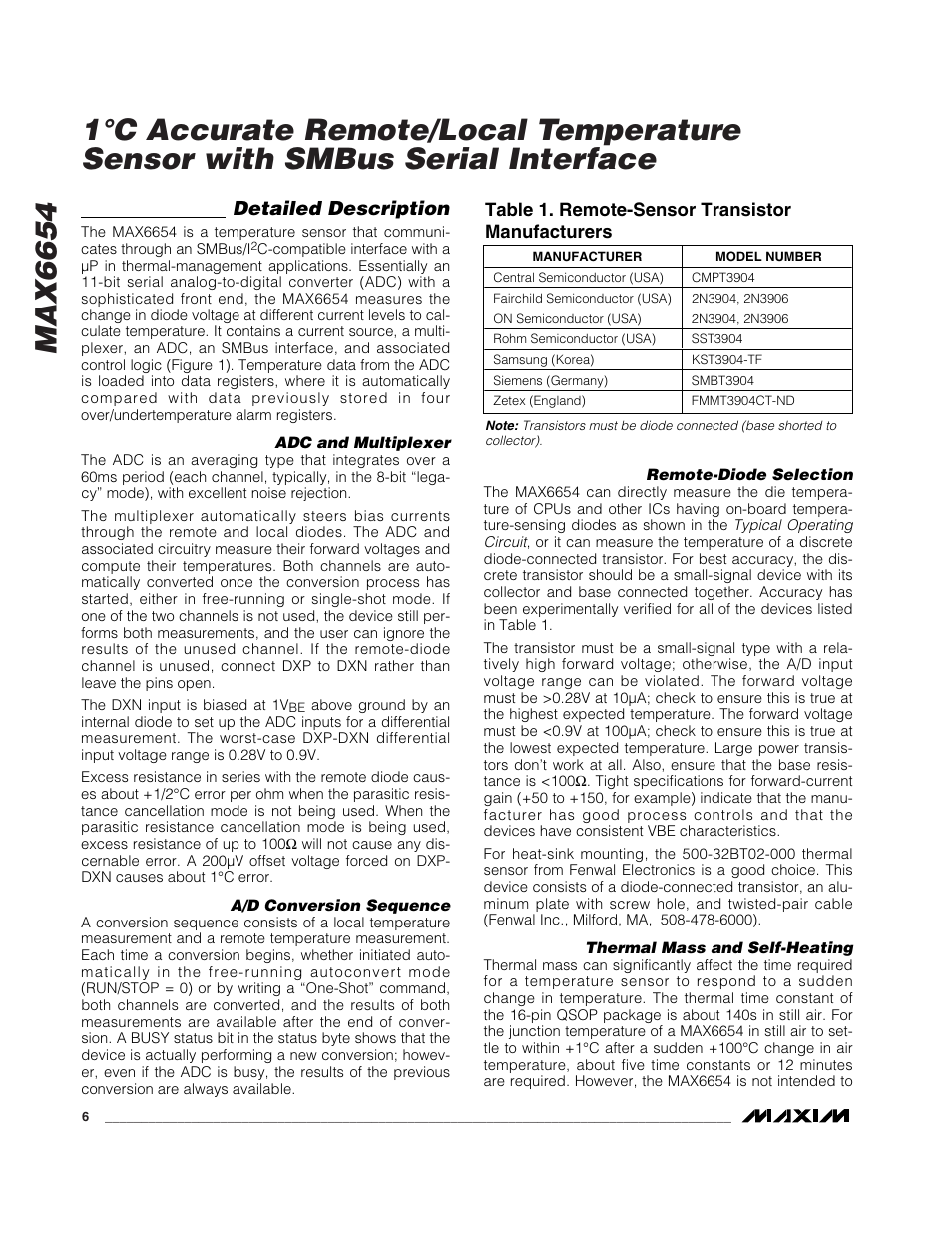 Detailed description, Table 1. remote-sensor transistor manufacturers | Rainbow Electronics MAX6654 User Manual | Page 6 / 16