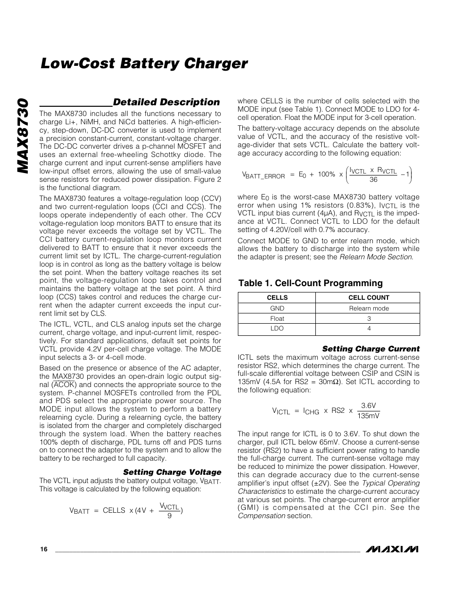 Max8730 low-cost battery charger, Detailed description, Table 1. cell-count programming | Rainbow Electronics MAX8730 User Manual | Page 16 / 29