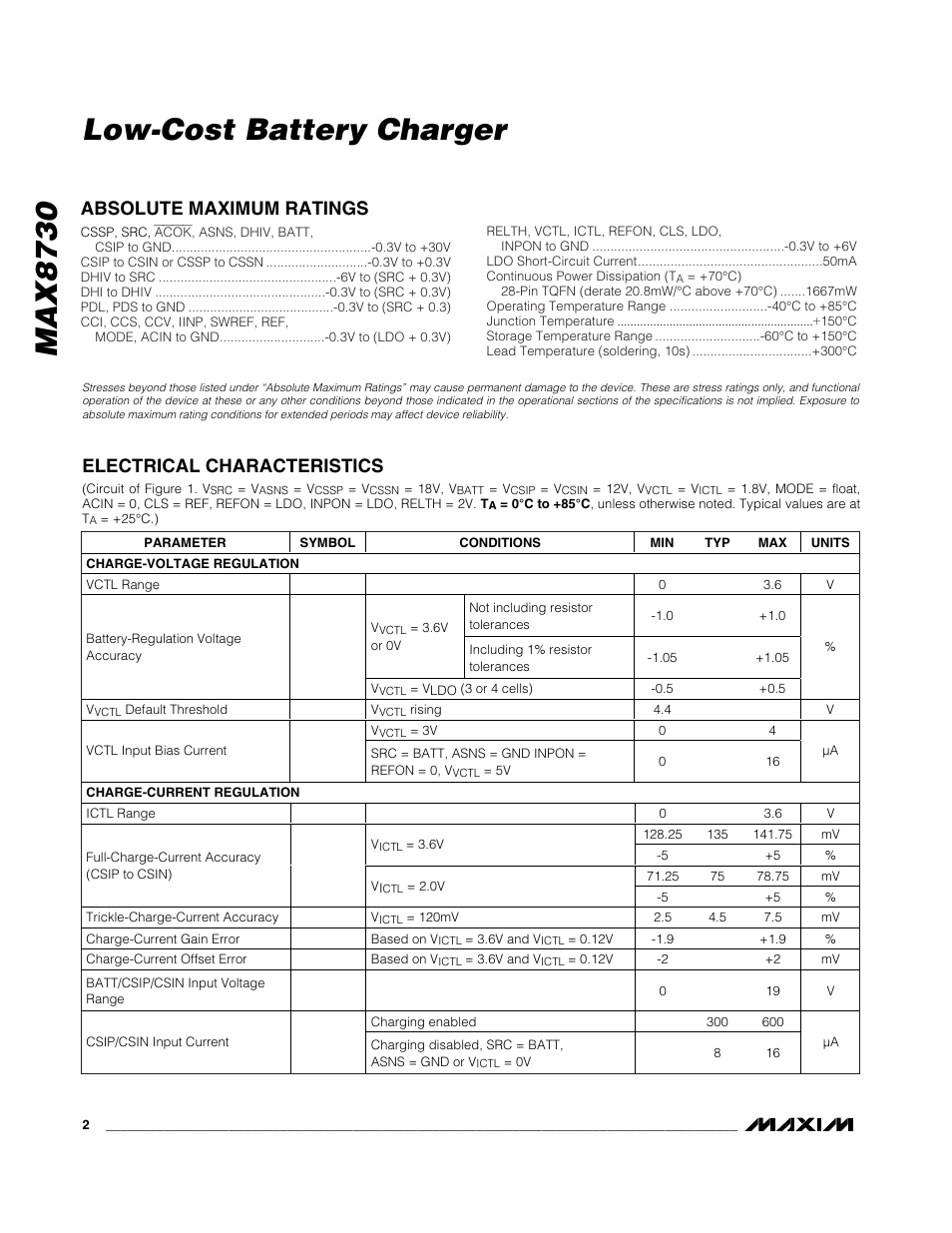 Max8730 low-cost battery charger | Rainbow Electronics MAX8730 User Manual | Page 2 / 29