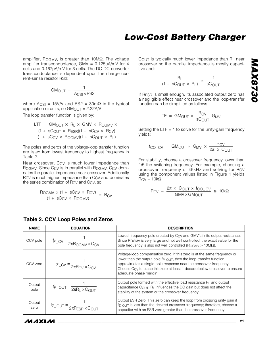 Max8730 low-cost battery charger, Table 2. ccv loop poles and zeros | Rainbow Electronics MAX8730 User Manual | Page 21 / 29