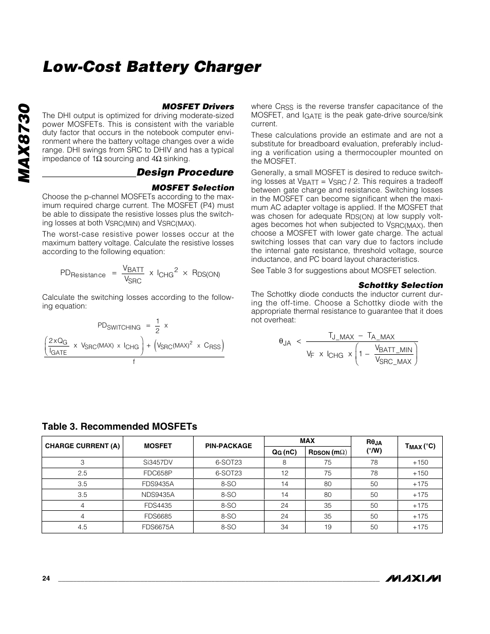 Max8730 low-cost battery charger, Design procedure, Table 3. recommended mosfets | Rainbow Electronics MAX8730 User Manual | Page 24 / 29