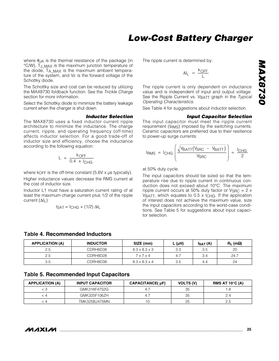 Max8730 low-cost battery charger, Table 4. recommended inductors, Table 5. recommended input capacitors | Rainbow Electronics MAX8730 User Manual | Page 25 / 29