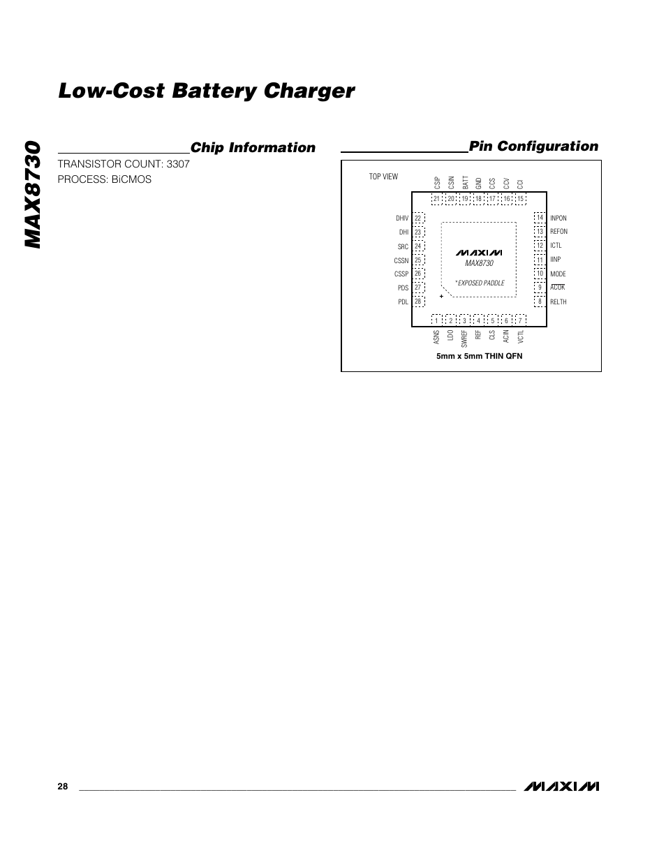 Max8730 low-cost battery charger, Chip information, Pin configuration | Transistor count: 3307 process: bicmos | Rainbow Electronics MAX8730 User Manual | Page 28 / 29