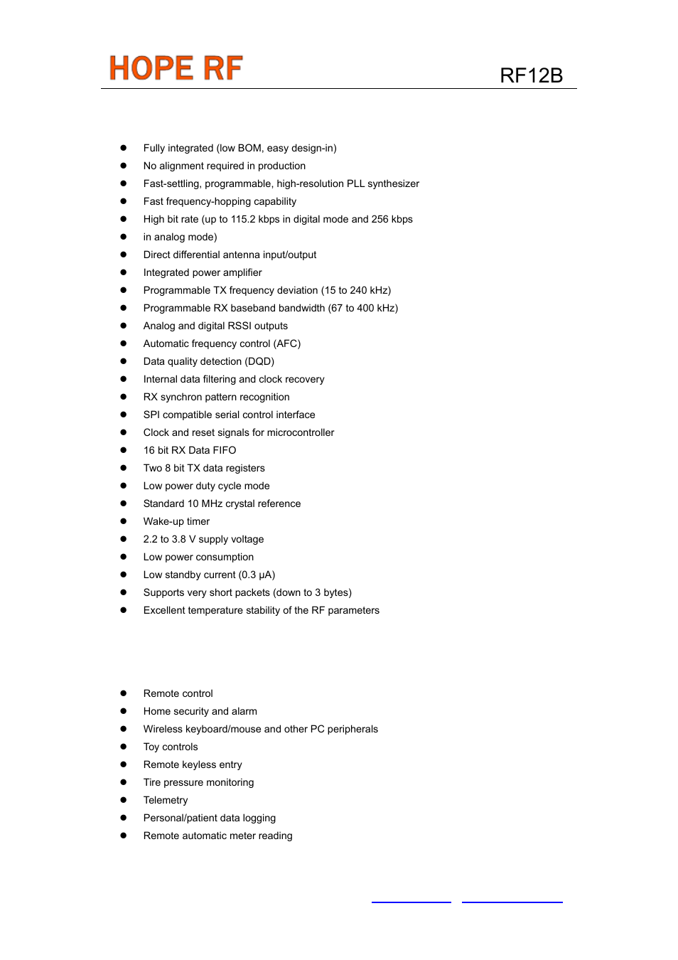 Features, Typical applications, Rf12b | Rainbow Electronics RF12B User Manual | Page 2 / 36