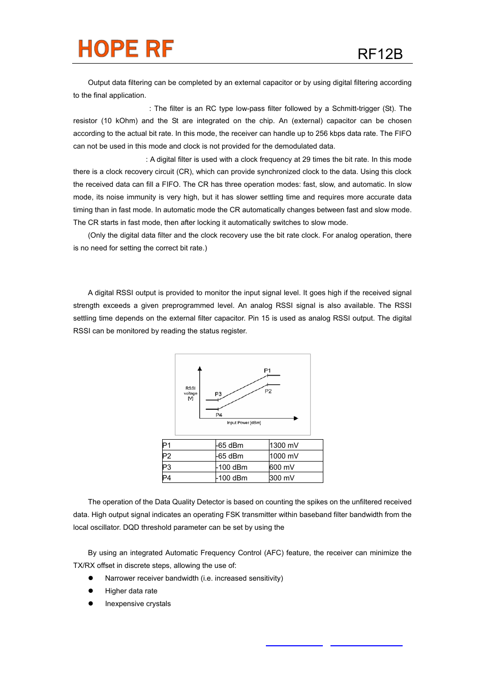 Rf12b, Data filtering and clock recovery, Data validity blocks | Rainbow Electronics RF12B User Manual | Page 4 / 36