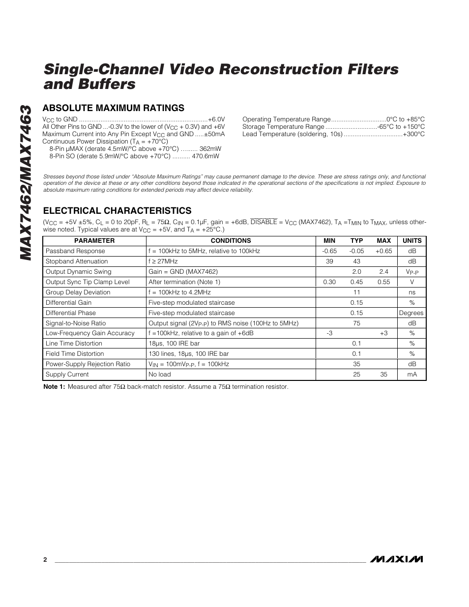 Absolute maximum ratings, Electrical characteristics | Rainbow Electronics MAX7463 User Manual | Page 2 / 8