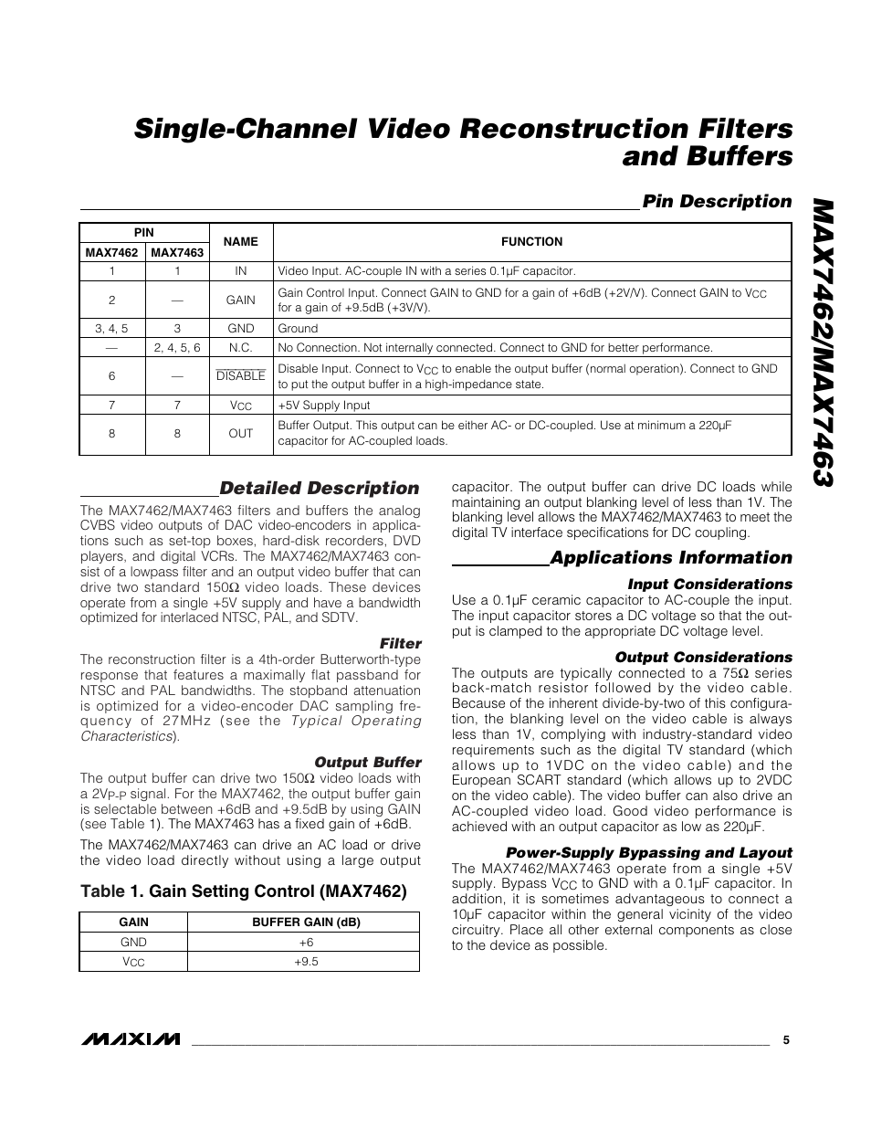 Detailed description, Applications information, Pin description | Rainbow Electronics MAX7463 User Manual | Page 5 / 8