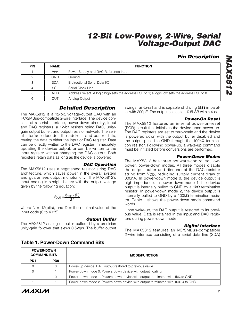 Detailed description, Pin description, Table 1. power-down command bits | Rainbow Electronics MAX5812 User Manual | Page 7 / 13