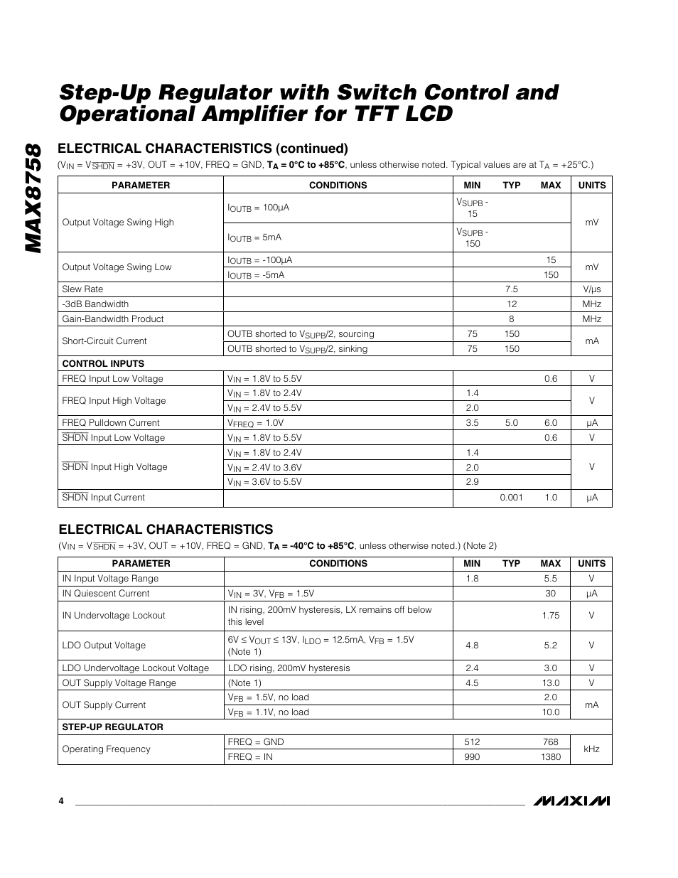 Electrical characteristics (continued), Electrical characteristics | Rainbow Electronics MAX8758 User Manual | Page 4 / 20