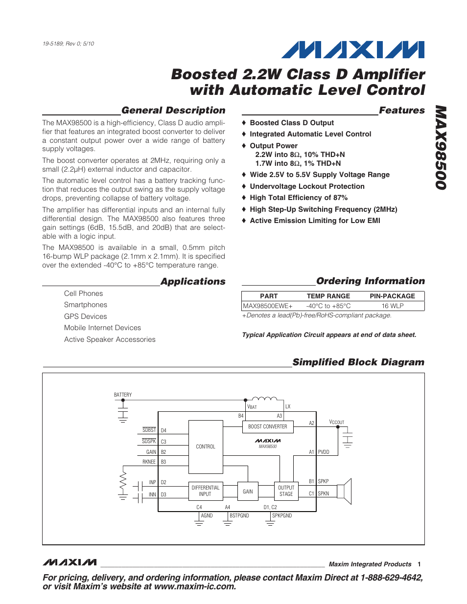 Rainbow Electronics MAX98500 User Manual | 15 pages