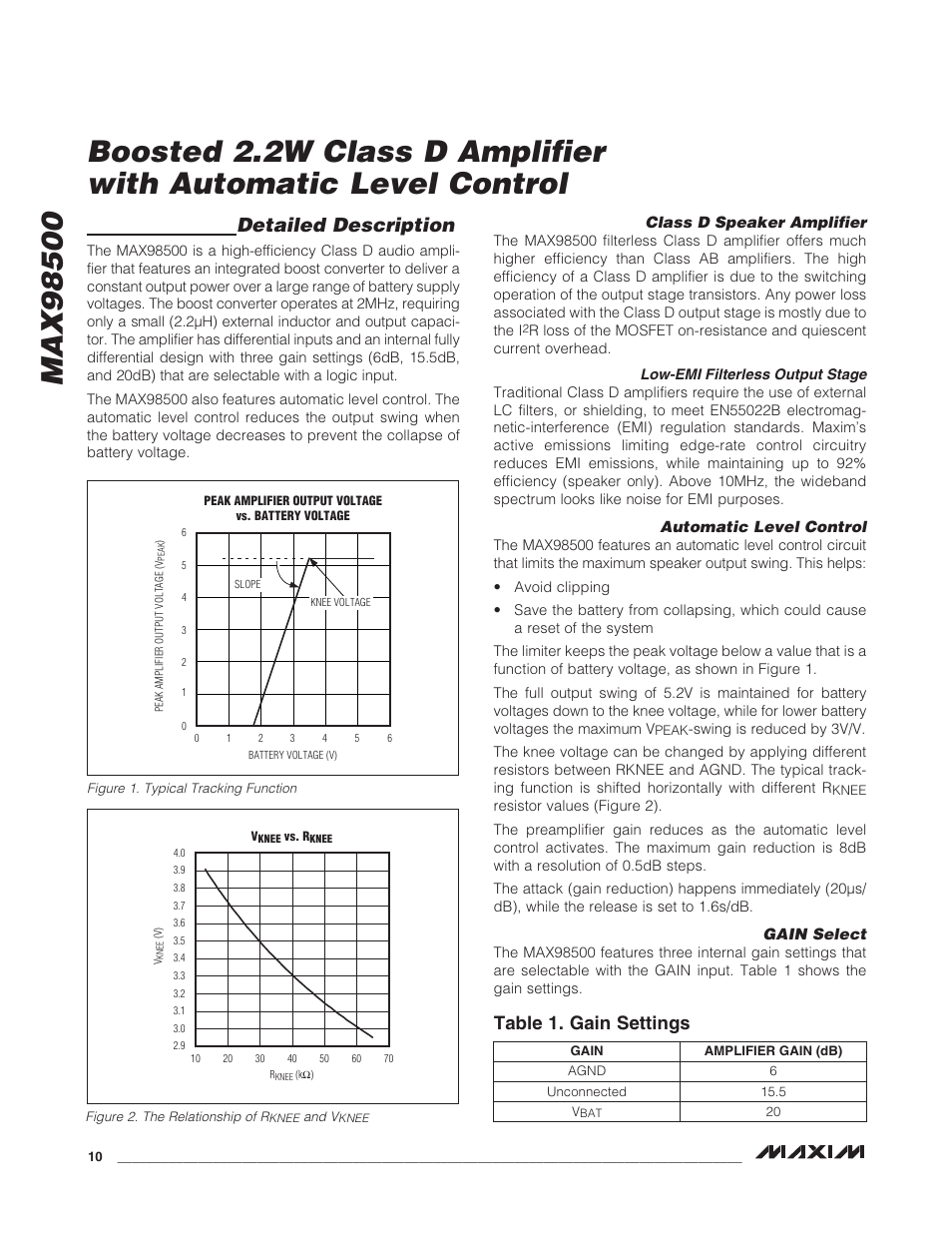 Detailed description, Table 1. gain settings | Rainbow Electronics MAX98500 User Manual | Page 10 / 15