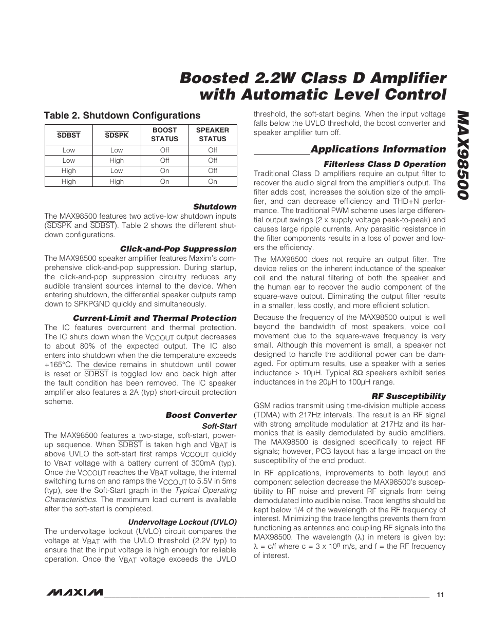 Applications information, Table 2. shutdown configurations | Rainbow Electronics MAX98500 User Manual | Page 11 / 15