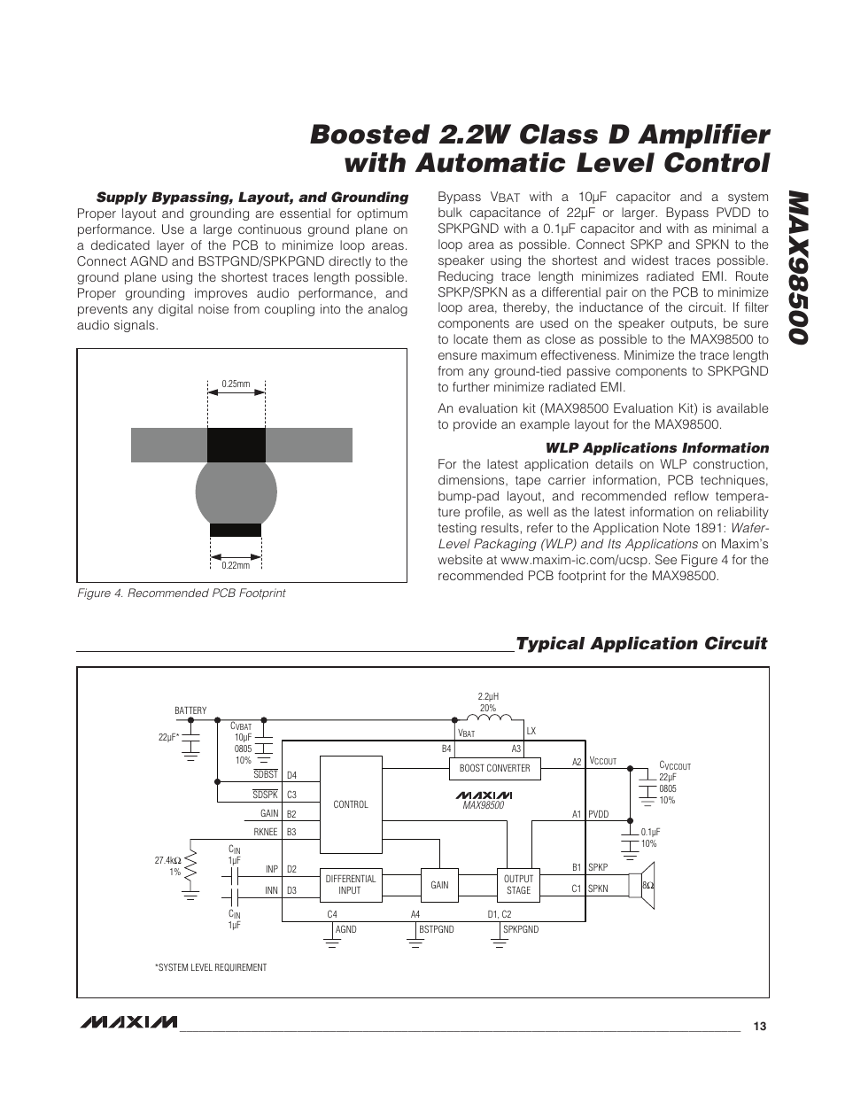 Typical application circuit, Supply bypassing, layout, and grounding, Wlp applications information | Rainbow Electronics MAX98500 User Manual | Page 13 / 15