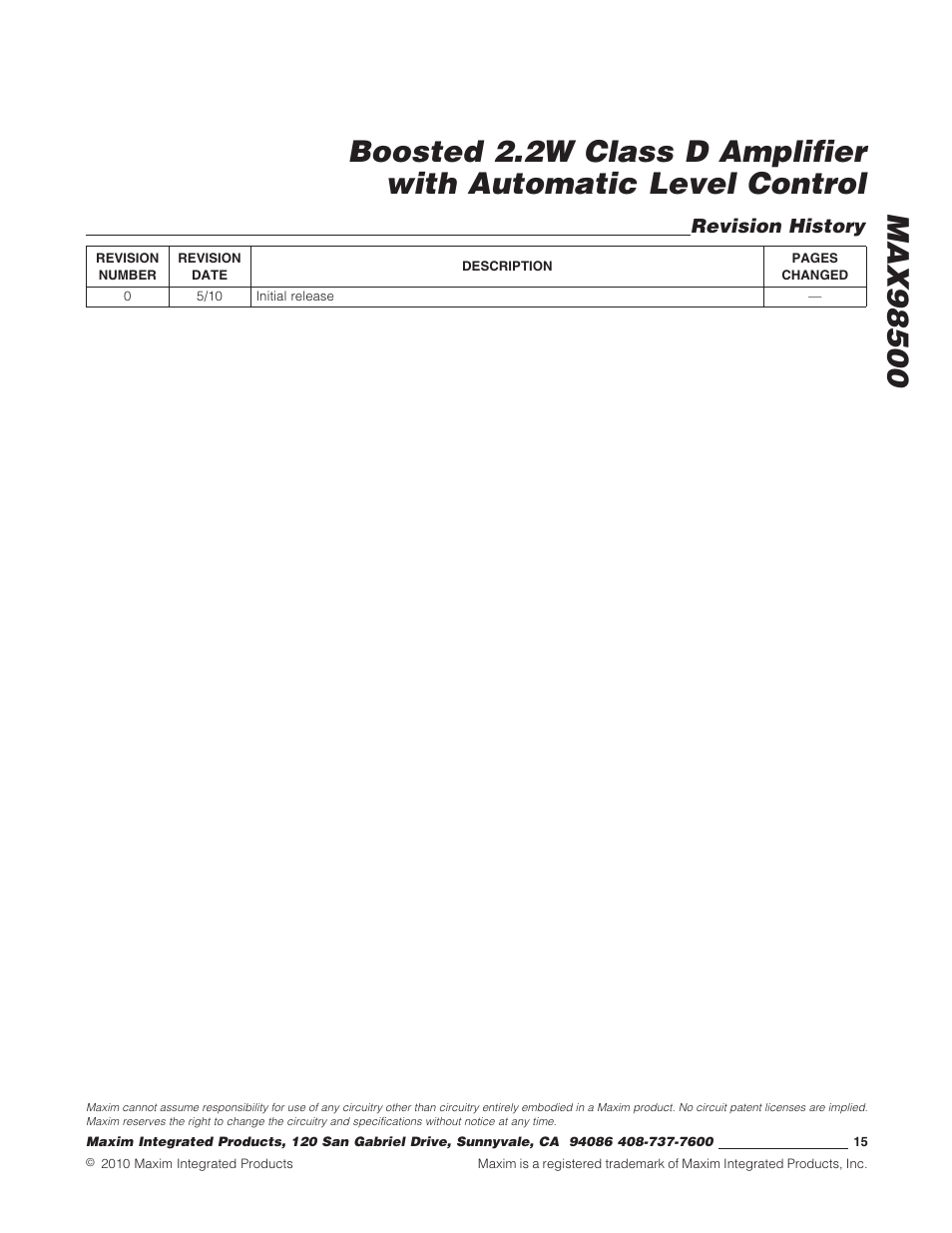 Revision history | Rainbow Electronics MAX98500 User Manual | Page 15 / 15