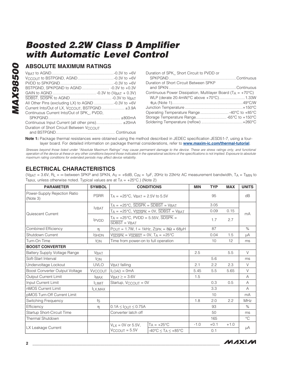 Electrical characteristics, Absolute maximum ratings | Rainbow Electronics MAX98500 User Manual | Page 2 / 15