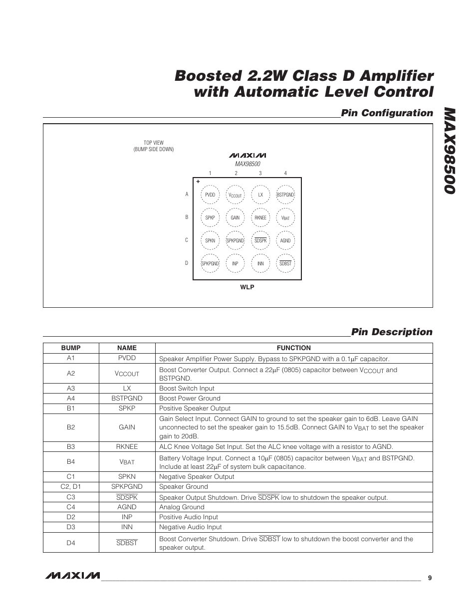 Pin description pin configuration | Rainbow Electronics MAX98500 User Manual | Page 9 / 15