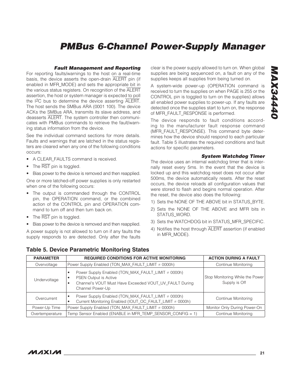 Fault management and reporting, System watchdog timer, Table 5. device parametric monitoring states | Rainbow Electronics MAX34440 User Manual | Page 21 / 43