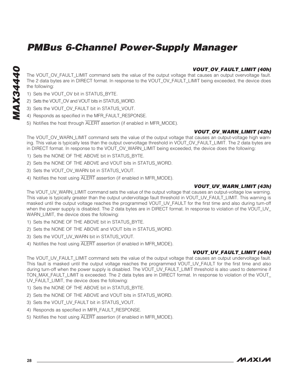 Vout_ov_fault_limit (40h), Vout_ov_warn_limit (42h), Vout_uv_warn_limit (43h) | Vout_uv_fault_limit (44h) | Rainbow Electronics MAX34440 User Manual | Page 28 / 43